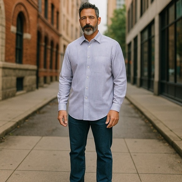 Paul Fredrick Mens 17 1/2 33 Blue Striped Long Sleeve Button Down Dress Shirt - Picture 2 of 6